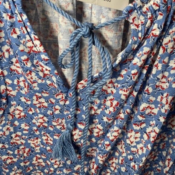 Chaps Womens Blue Floral Print Short-Sleeve Blouse With Tie Neck L - Picture 6 of 10
